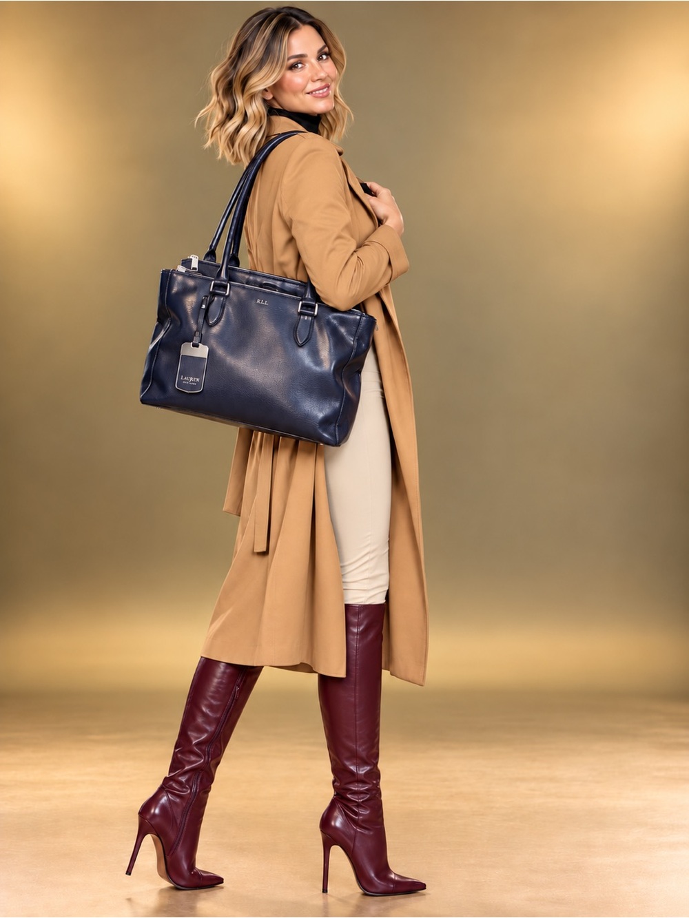 Lauren Ralph Lauren Newbury Double Zip Satchel Navy Saffiano Leather